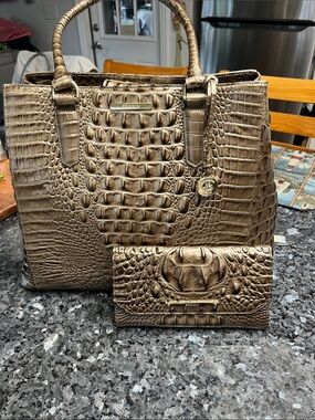 Brahmin Metallic Bronze Croc-Embossed Tote with Matching Wallet